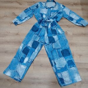 ChicMe Plus Size Patchwork Denim Print Jumpsuit